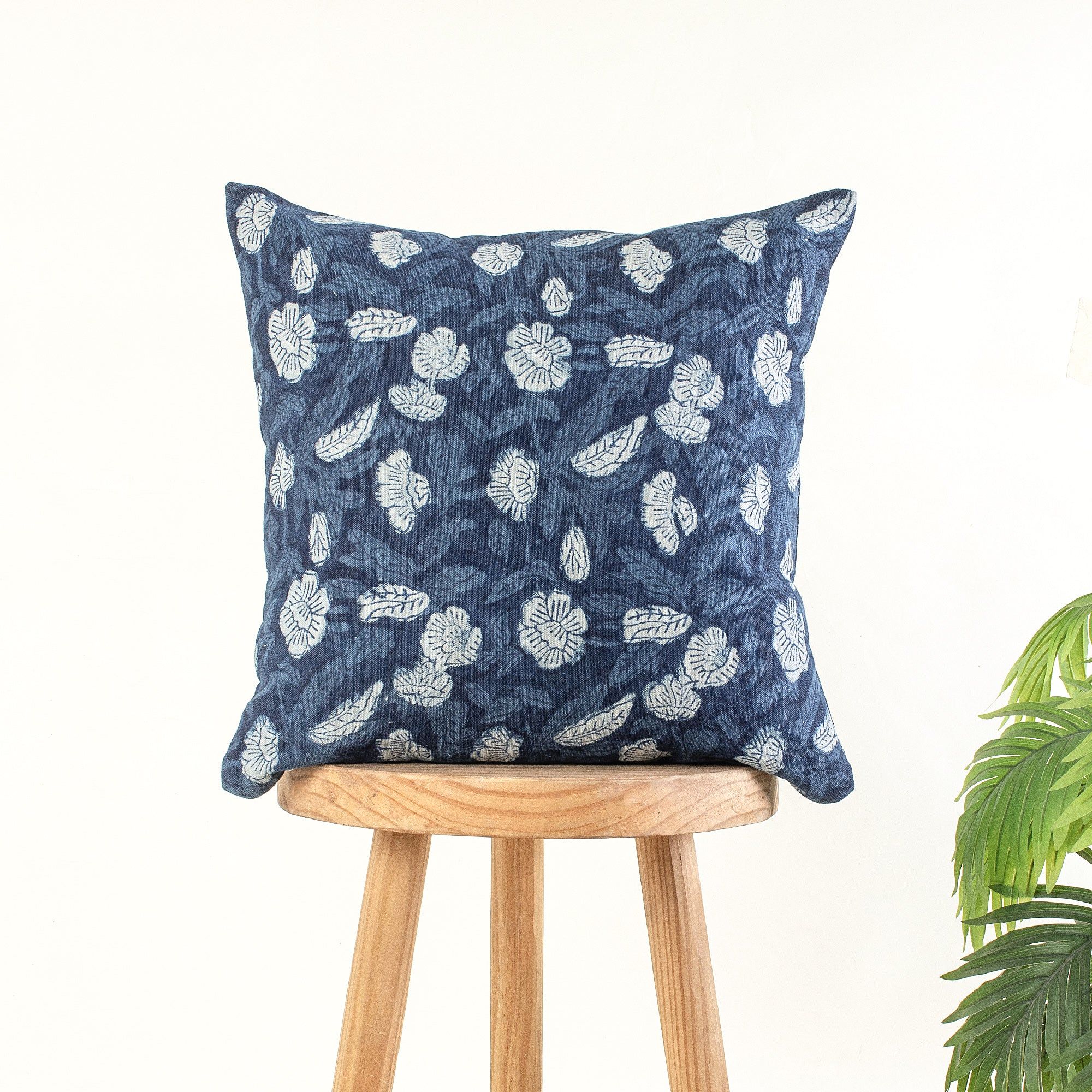 Hand Block Flower Print Indigo Canvas Cushion Cover